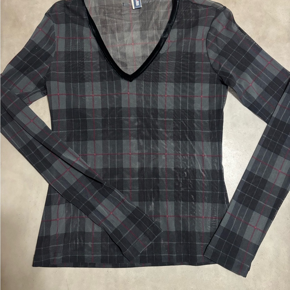 Vintage Jean Paul Gaultier Plaid V-Neck Sheer long sleeve shirt
